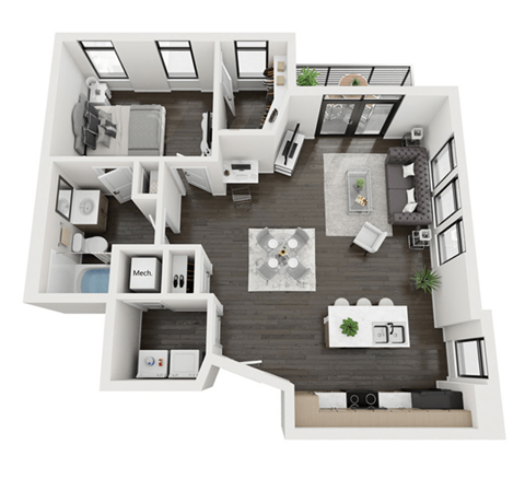 Floor plan for 1 bed, 1 bath, 761 sqft